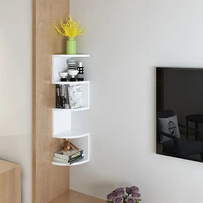 NEW White 5 Tier Floating Corner Shelf Wooden Storage Display Rack Unit Wall Mou