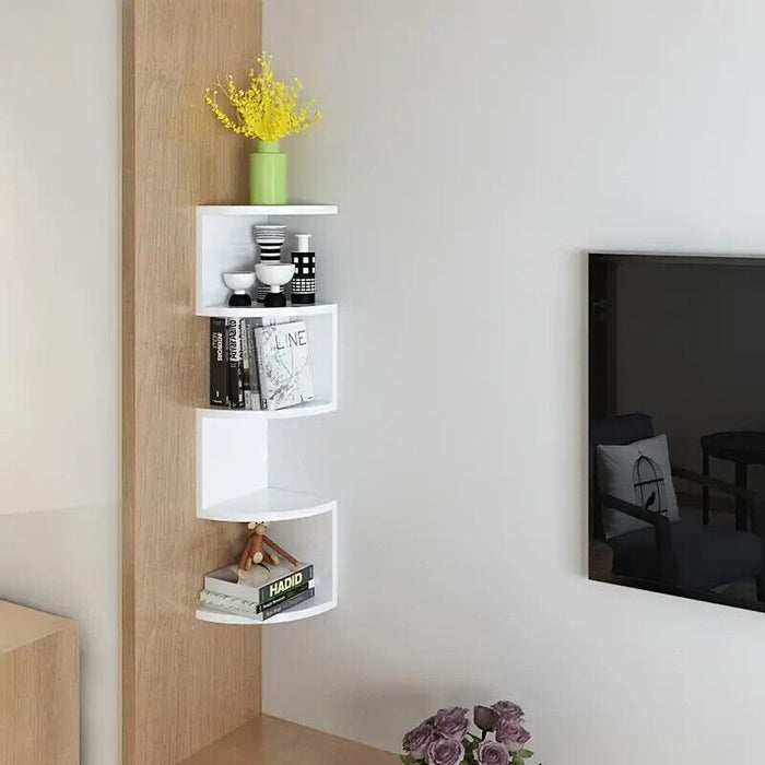 NEW White 5 Tier Floating Corner Shelf Wooden Storage Display Rack Unit Wall Mou
