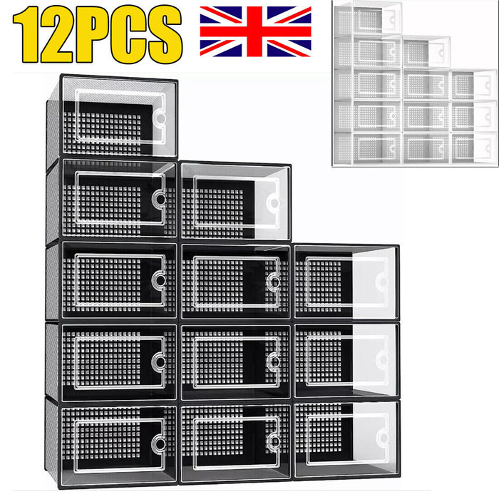 12Pcs Transparent Clear Shoe Storage Box Rack Plastic Organizer Boxers Stackable