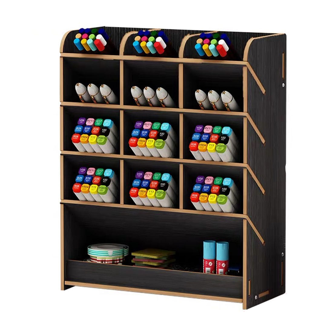 1Pc Wooden Desk Organizer Multifunctional Desktop Stationery Pen Holder Box Blac