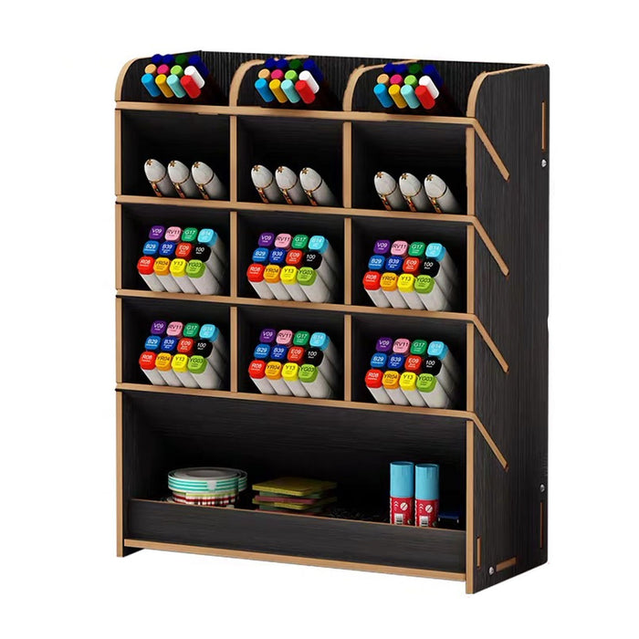 1Pc Wooden Desk Organizer Multifunctional Desktop Stationery Pen Holder Box Blac