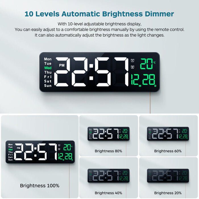 16inch Large Jumbo Digital LED Wall Clock Alarm Calendar Temperature Date Dimmer