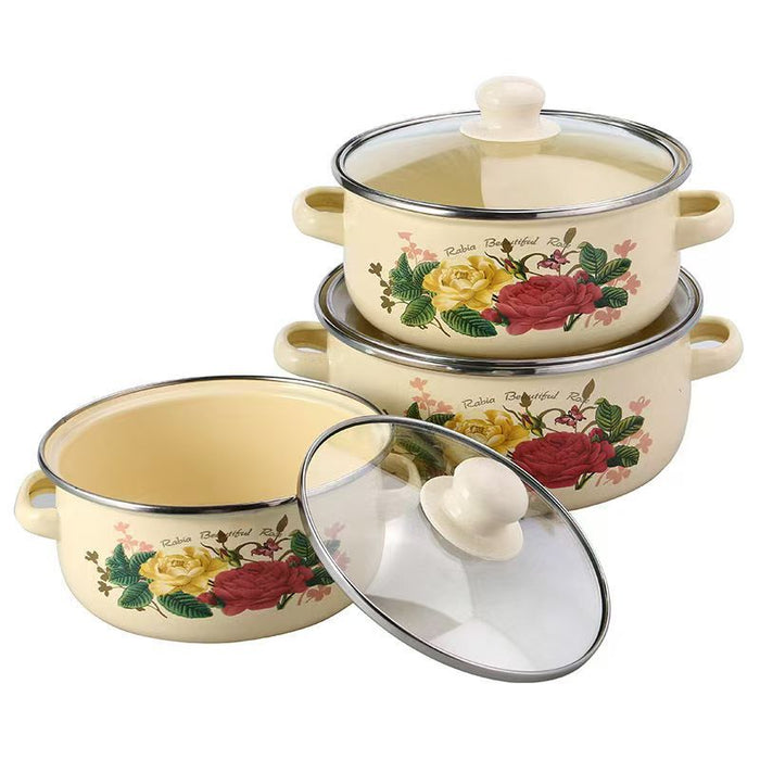 3PCS Enamel Stock Pot Set With Lid Wear Resistant Stockpot Retro Floral Cooking