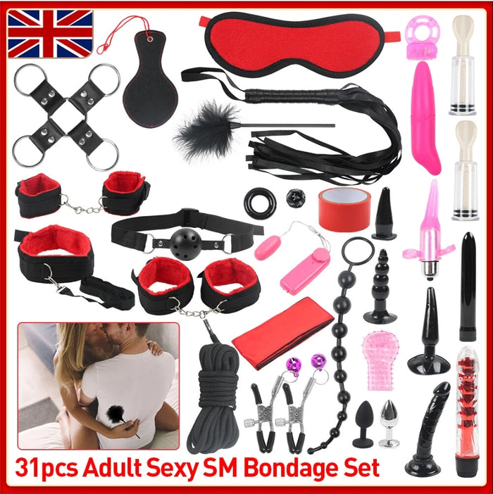 31 10 Sexy BDSM Bondage Set Kit Hand Cuffs Foot Cuff Whip Rope Toys