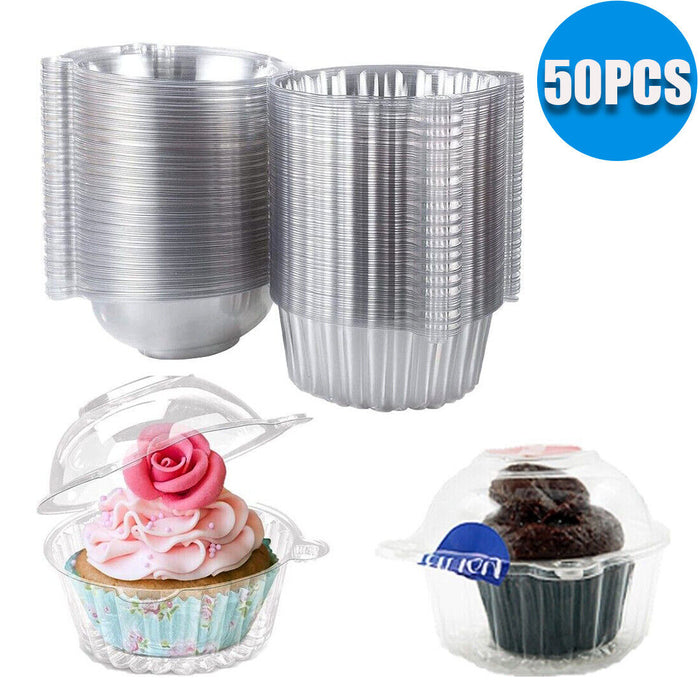 50Pc Plastic Cupcake Muffin Single Cup Cake Holders Boxes Pods Domes Cases Clear
