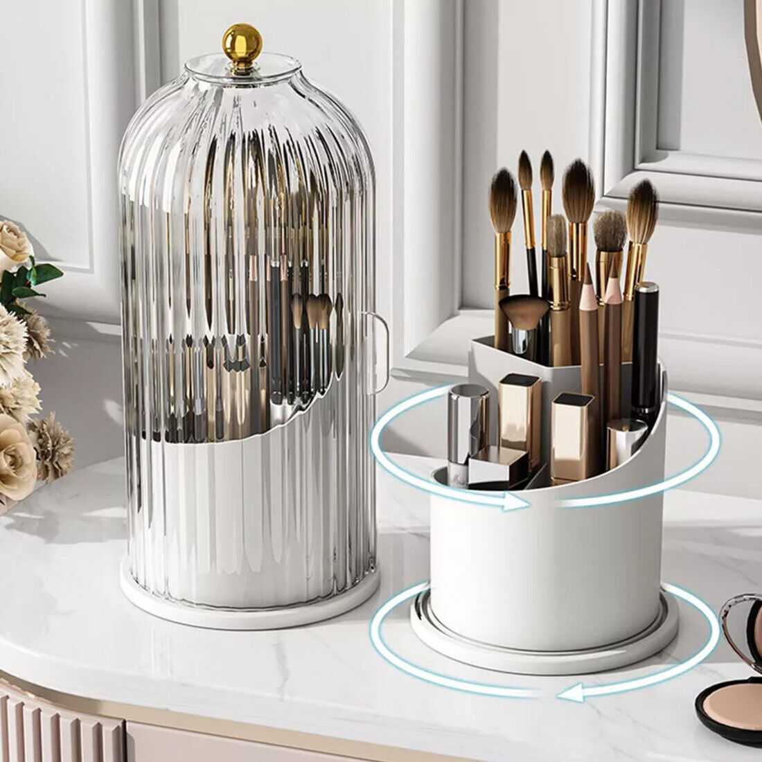 360 Rotating Makeup Brush Holder Storage Box Desktop Cosmetic Organizer W Lid