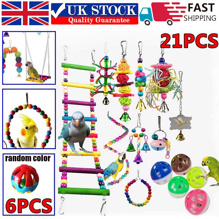 New 21 Pack Parrot Toys Set Metal Rope Small Ladder Stand Budgie Cockatiel Cage
